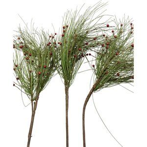 set 3 Artificial Pine green Branches Red Berries Christmas red shine balls 34"
